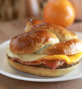 Applewood Bacon, Sausage, Cheddar & Pepper-Jack on Pretzel Bun